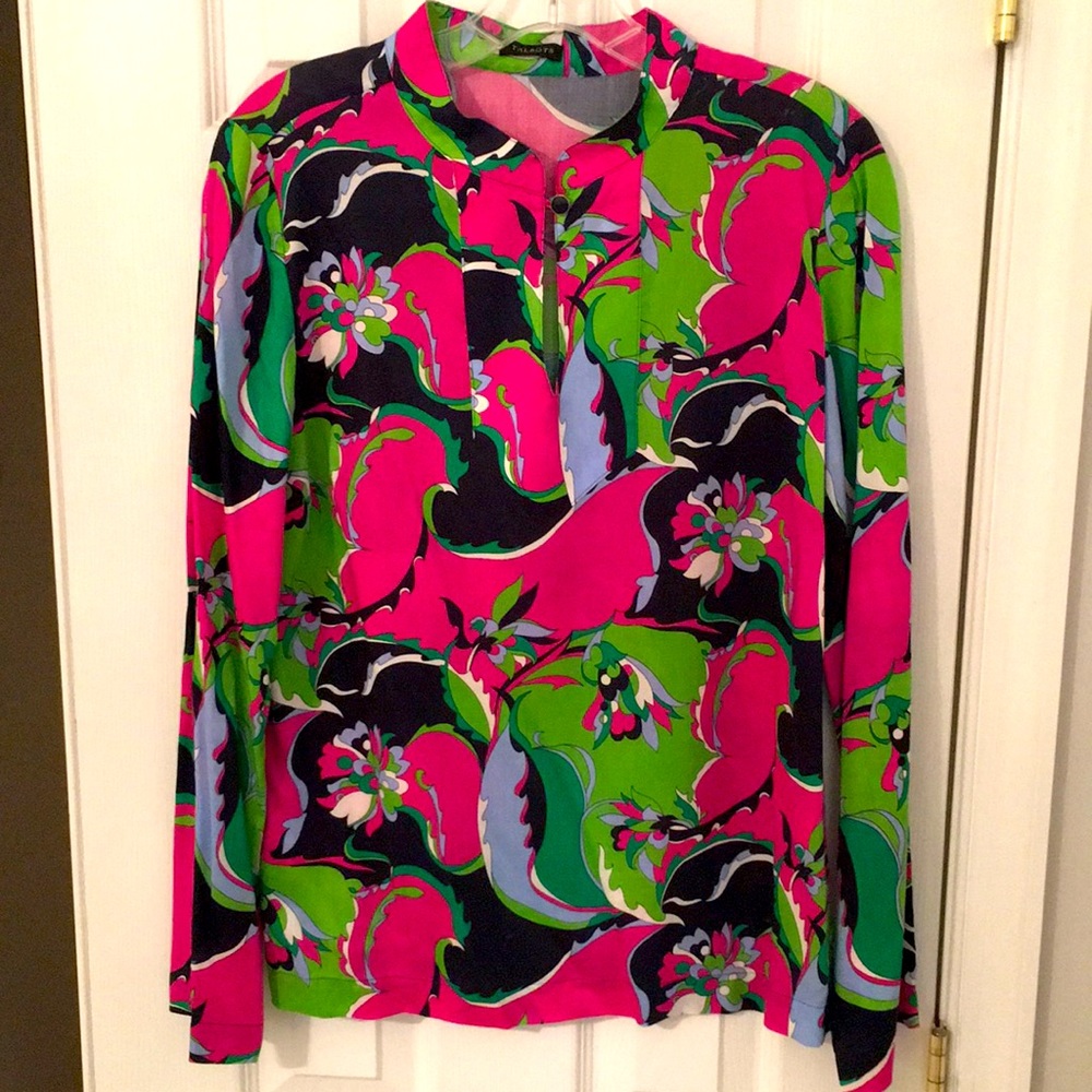 Talbots mid print mandarin collar tencel tunic size medium.